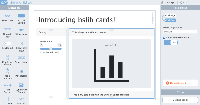 bslib cards shown inside shinyuieditor